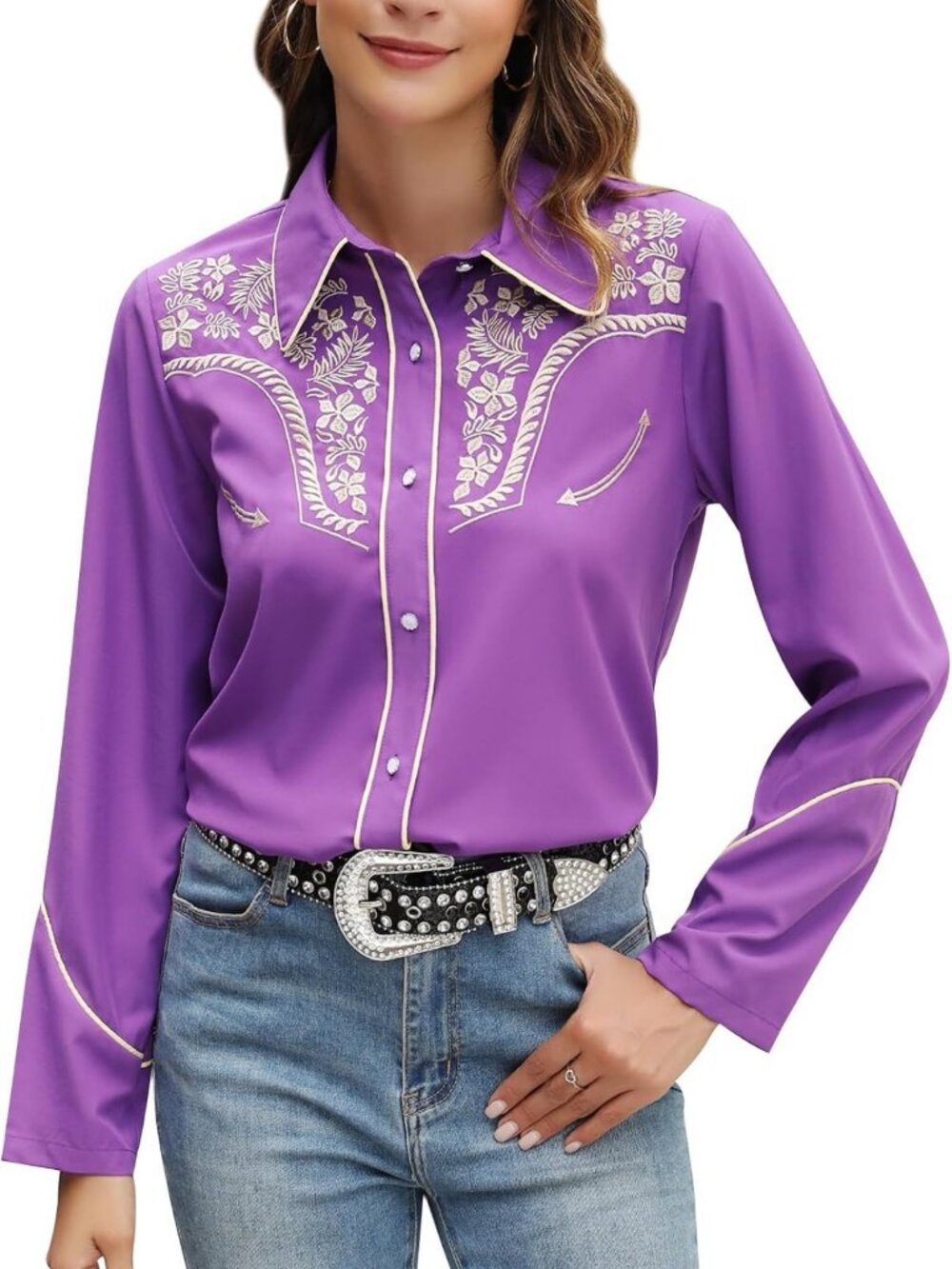 Embroidered Floral Western Shirt for Women | Long Sleeve Button-Up Cowgirl Top